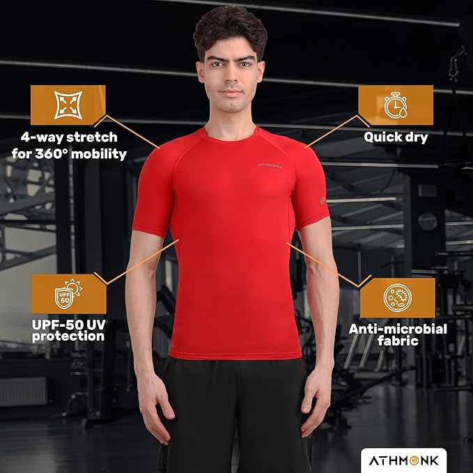 Athmonk Compression T-Shirt Vest Body Shaper Half Sleeve for Men Boys Branded - Nylon Lycra Fabric - Workout Gym Cricket Football Sports Training - Keep Dry Tight Skin Fit - Round Neck